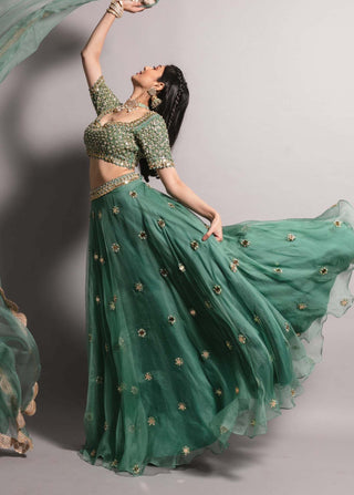 Ria Shah-Teal Green Embroidered Lehenga Set-INDIASPOPUP.COM