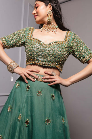 Ria Shah-Teal Green Embroidered Lehenga Set-INDIASPOPUP.COM