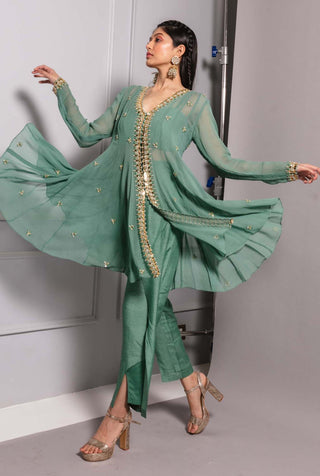 Ria Shah-Teal Blue Short Kurta With Bustier And Pant-INDIASPOPUP.COM