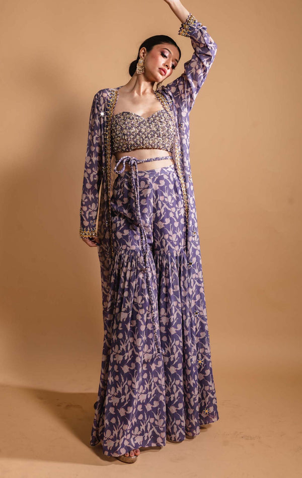 Ria Shah-Purple Print Sharara And Jacket Set-INDIASPOPUP.COM