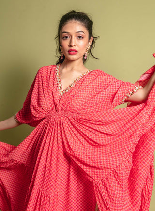Ria Shah-Pink Print Kaftan Set-INDIASPOPUP.COM