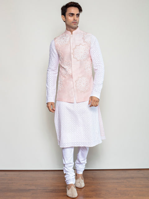 Arjun Kilachand-Rose Pink Geometric Embroidered Bundi Set-INDIASPOPUP.COM