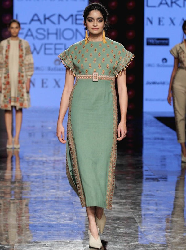 Chandrima-Sage Green Kala Cotton Dress-INDIASPOPUP.COM