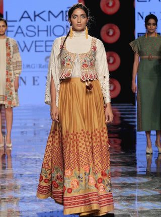 Chandrima-Mustard & Ivory Lehenga Set With Waistcoat-INDIASPOPUP.COM