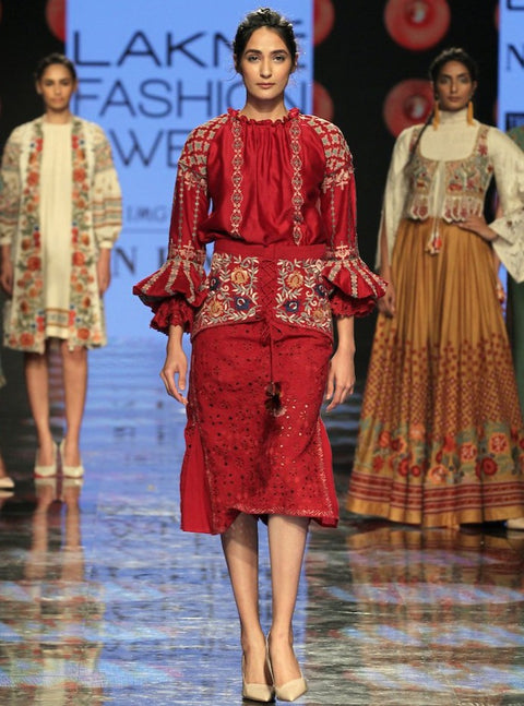 Chandrima-Red Top & Skirt With Waist Overlay Skirt-INDIASPOPUP.COM
