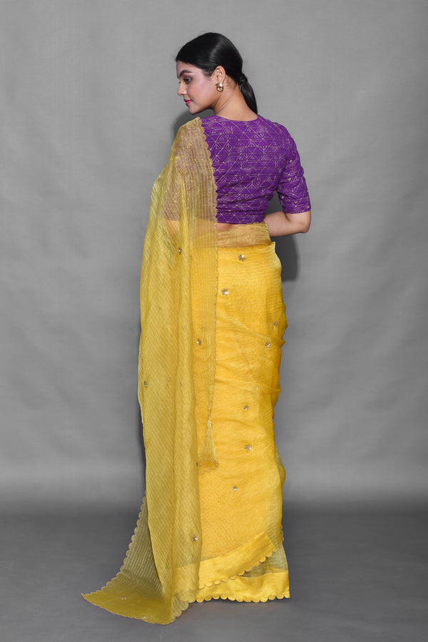 Purple Color Maheshwari Silk Handloom Saree With Yellow Borders And Pa –  BharatSthali