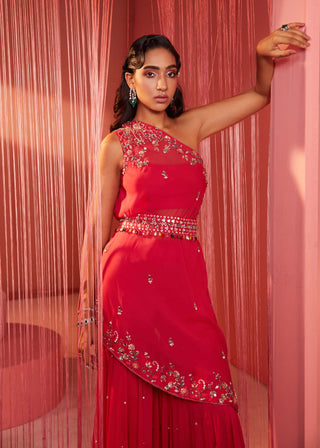 Sanya Gulati-Coral Red One Shoulder Sharara Kurta Set-INDIASPOPUP.COM