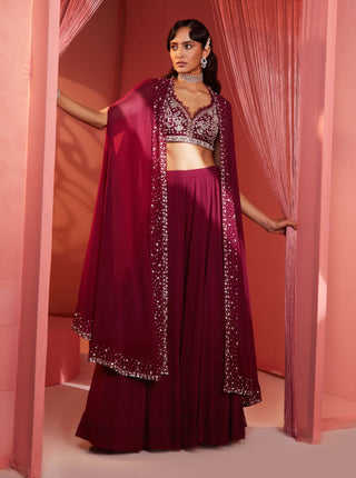 Sanya Gulati-Plum Embroidered Cape With Blouse And Palazzo-INDIASPOPUP.COM