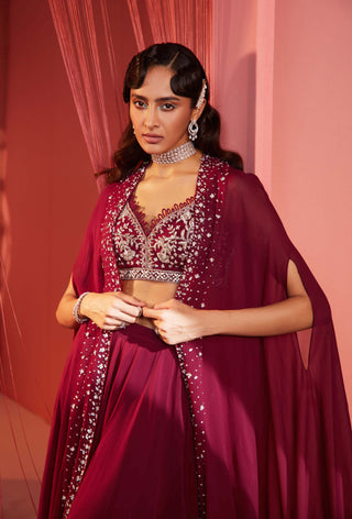 Sanya Gulati-Plum Embroidered Cape With Blouse And Palazzo-INDIASPOPUP.COM