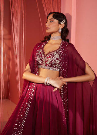 Sanya Gulati-Plum Embroidered Cape With Blouse And Palazzo-INDIASPOPUP.COM