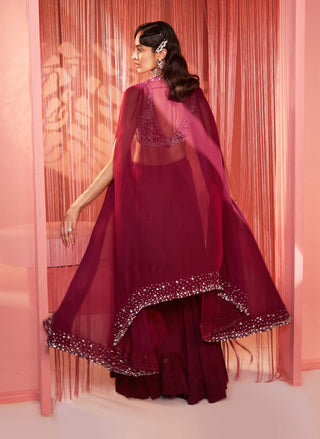 Sanya Gulati-Plum Embroidered Cape With Blouse And Palazzo-INDIASPOPUP.COM