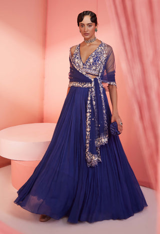 Sanya Gulati-Ink Blue Pleated Lehenga Set-INDIASPOPUP.COM