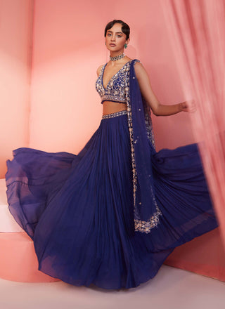 Sanya Gulati-Ink Blue Pleated Lehenga Set-INDIASPOPUP.COM