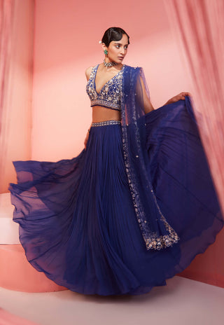 Sanya Gulati-Ink Blue Pleated Lehenga Set-INDIASPOPUP.COM