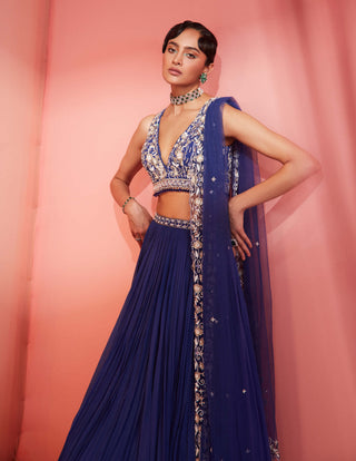 Sanya Gulati-Ink Blue Pleated Lehenga Set-INDIASPOPUP.COM