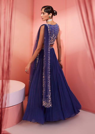 Sanya Gulati-Ink Blue Pleated Lehenga Set-INDIASPOPUP.COM