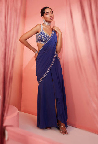 Sanya Gulati-Ink Blue Slit Pre-Stitched Saree-INDIASPOPUP.COM