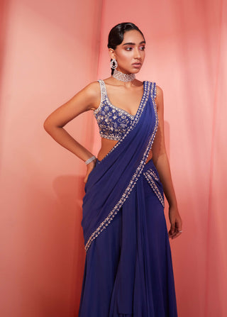 Sanya Gulati-Ink Blue Slit Pre-Stitched Saree-INDIASPOPUP.COM