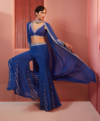 Sanya Gulati-Ink Blue Sharara And Cape Set-INDIASPOPUP.COM