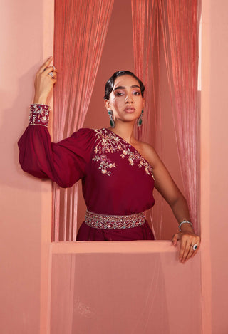 Sanya Gulati-Plum One Shoulder Cape With Sharara And Belt-INDIASPOPUP.COM