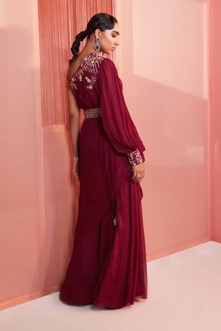 Sanya Gulati-Plum One Shoulder Cape With Sharara And Belt-INDIASPOPUP.COM