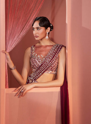 Sanya Gulati-Plum Embroidered Pre-Stitched Saree Set-INDIASPOPUP.COM