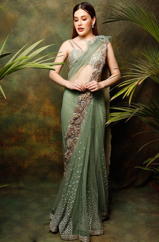 Archana Kochhar-Pista Green Floral Embroidery Saree Set-INDIASPOPUP.COM