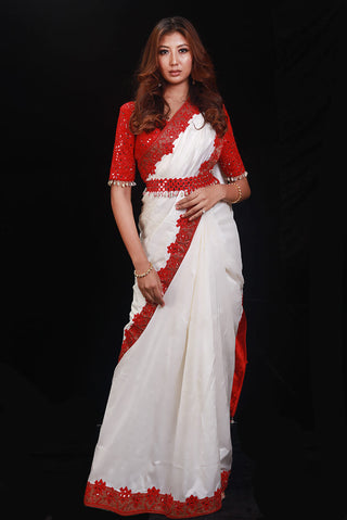 Archana Kochhar-Red Ivory Mirror Work Saree Set-INDIASPOPUP.COM