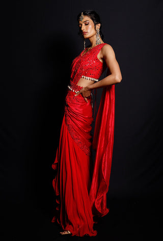 Archana Kochhar-Red Mirror Work Saree Set-INDIASPOPUP.COM