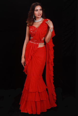 Archana Kochhar-Red Embellished Saree Set-INDIASPOPUP.COM