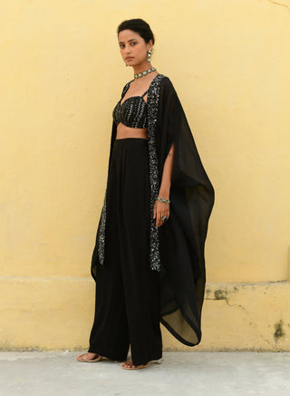 Chamee And Palak-Sasha Black Embroidered Cape And Pant Set-INDIASPOPUP.COM