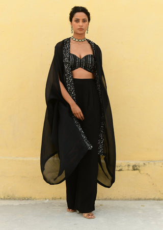 Chamee And Palak-Sasha Black Embroidered Cape And Pant Set-INDIASPOPUP.COM