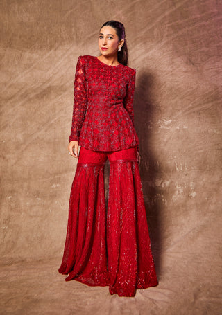 Red Embroidered Sharara Set