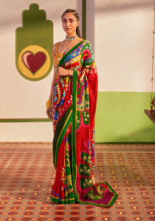 Siddhartha Bansal-Salsa Red Embroidered Sari With Blouse-INDIASPOPUP.COM