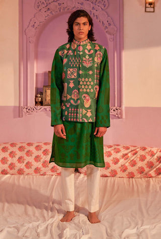 Siddhartha Bansal-Emerald Green Printed Kurta Bundi Set-INDIASPOPUP.COM