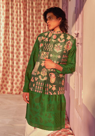 Siddhartha Bansal-Emerald Green Printed Kurta Bundi Set-INDIASPOPUP.COM