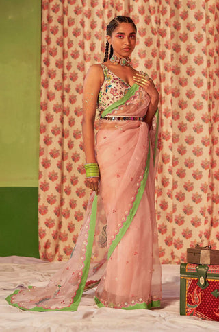 Siddhartha Bansal-Powder Pink Embroidered Sari With Blouse-INDIASPOPUP.COM