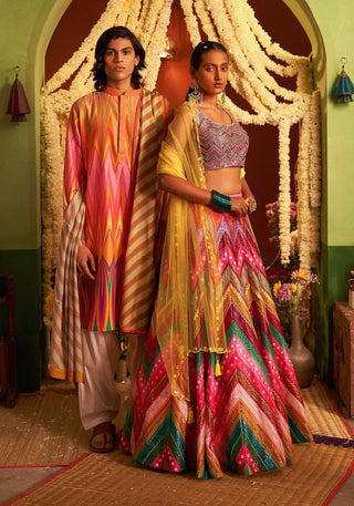 Siddhartha Bansal-Yellow Pink Chevron Printed Kurta Set-INDIASPOPUP.COM
