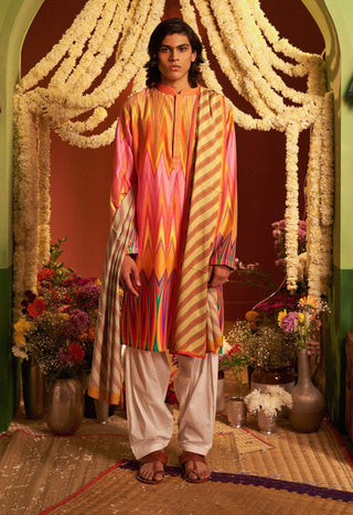 Siddhartha Bansal-Yellow Pink Chevron Printed Kurta Set-INDIASPOPUP.COM