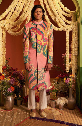 Siddhartha Bansal-Pink Royal Paisley Sherwani With Churidaar-INDIASPOPUP.COM