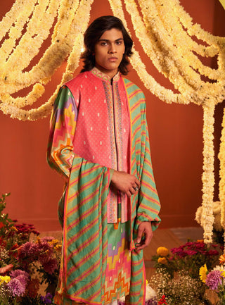 Siddhartha Bansal-Multicolor Chevron Kurta Bundi Set-INDIASPOPUP.COM