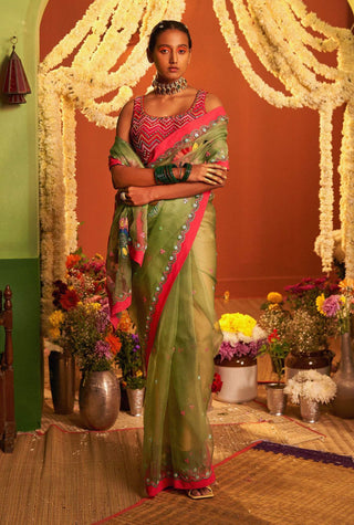 Siddhartha Bansal-Sage Green Sari With Blouse-INDIASPOPUP.COM