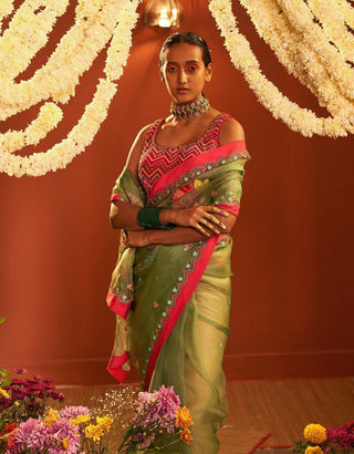Siddhartha Bansal-Sage Green Sari With Blouse-INDIASPOPUP.COM