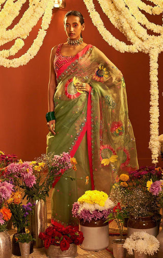 Siddhartha Bansal-Sage Green Sari With Blouse-INDIASPOPUP.COM