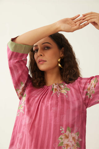 Shivani Bhargava-Pink Floral Stripe Kurta And Pant-INDIASPOPUP.COM