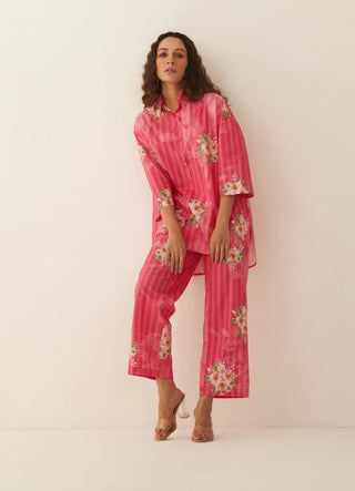 Shivani Bhargava-Pink Floral Stripe Shirt And Pants-INDIASPOPUP.COM