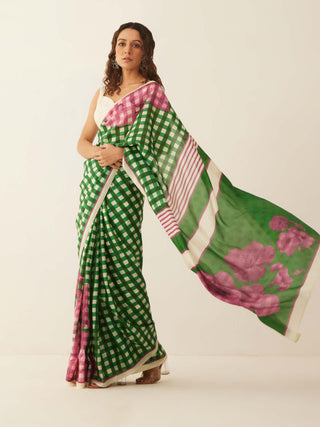 Shivani Bhargava-Green Off-White Gingham Sari-INDIASPOPUP.COM