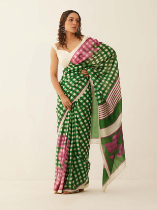 Shivani Bhargava-Green Off-White Gingham Sari-INDIASPOPUP.COM