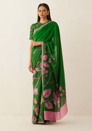 Shivani Bhargava-Green Pink Floral Silk Sari With Unstitched Blouse-INDIASPOPUP.COM