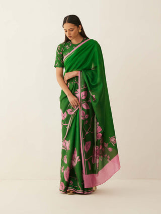 Shivani Bhargava-Green Pink Floral Silk Sari With Unstitched Blouse-INDIASPOPUP.COM